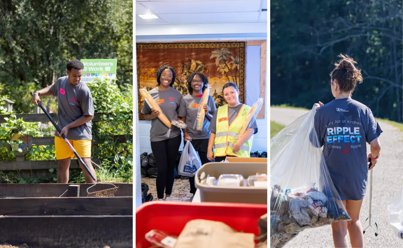Three side-by-side photos show University of Alabama students participating in community service activities, including a volunteer kickoff, litter cleanup and organizing books in a library.